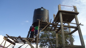 Setting our outside 10,000 liter water tank. Water is pumped into this tank from our well. It gravity feeds our our attic 5,000 liter tank as well as future facilities. 